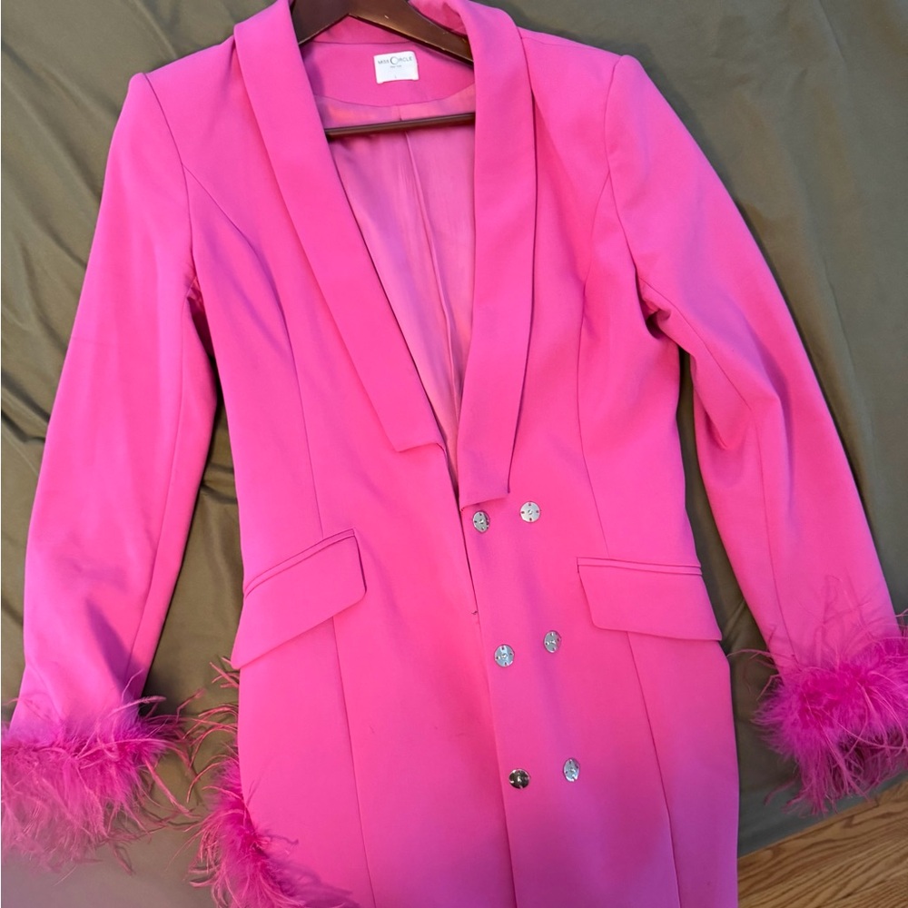 Luxe Double-Breasted Feather Trim Blazer in Hot Pink